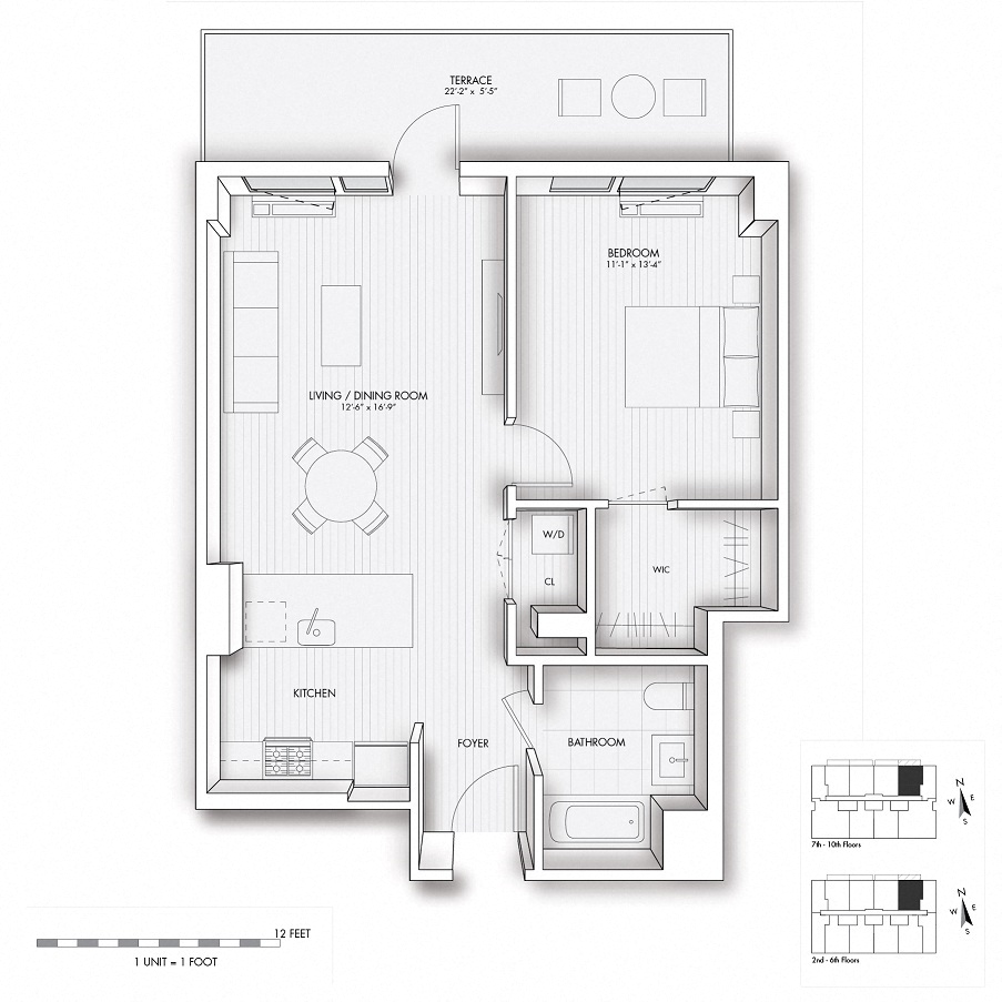 Floor plan for 1 bed, 1 bath, 658 sqft